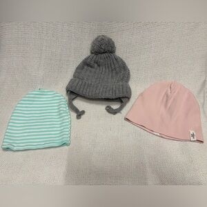Zara Kids Gray, H&M Pink, and OEKO-TEK Green Beanie Trio